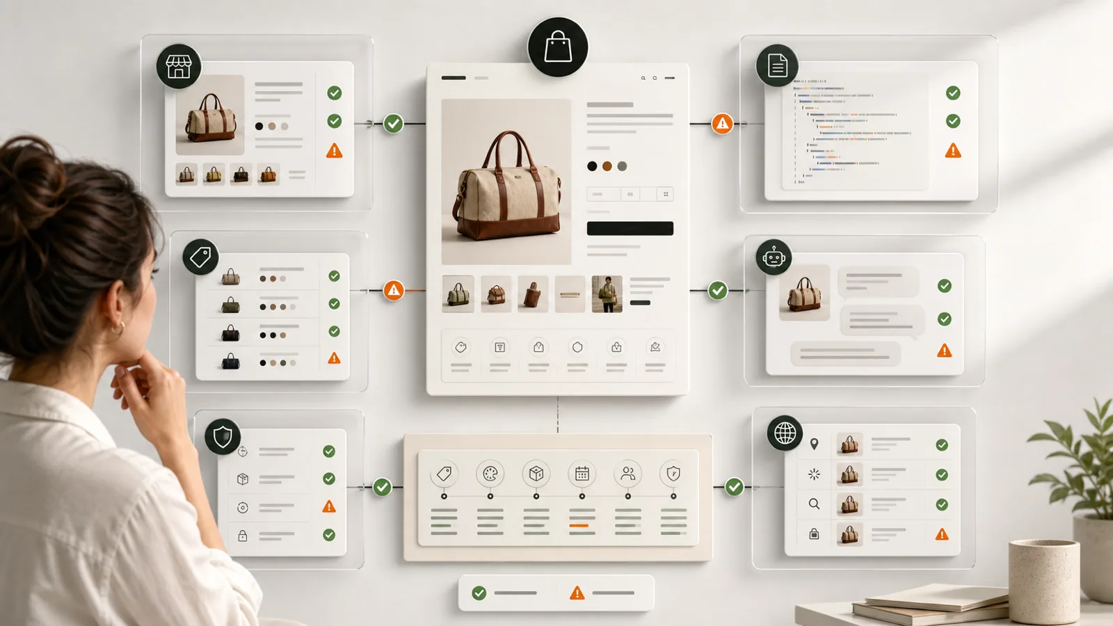 AI-readability map connecting Shopify product facts variants policies proof and offsite surfaces