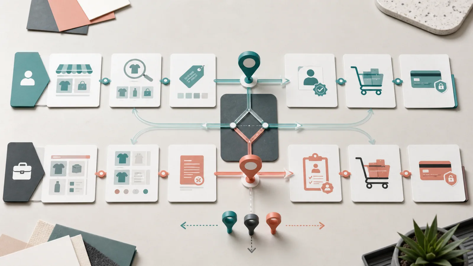 Retail and wholesale Shopify buying paths shown as parallel ecommerce journey lanes with shared and split checkpoints