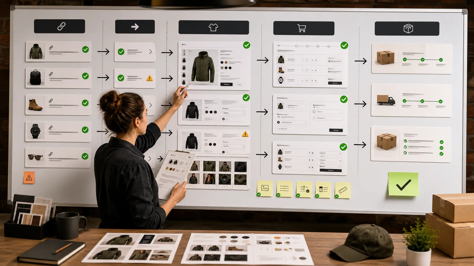 Migration QA board tracing old URLs through new Shopify PDP cart and fulfillment