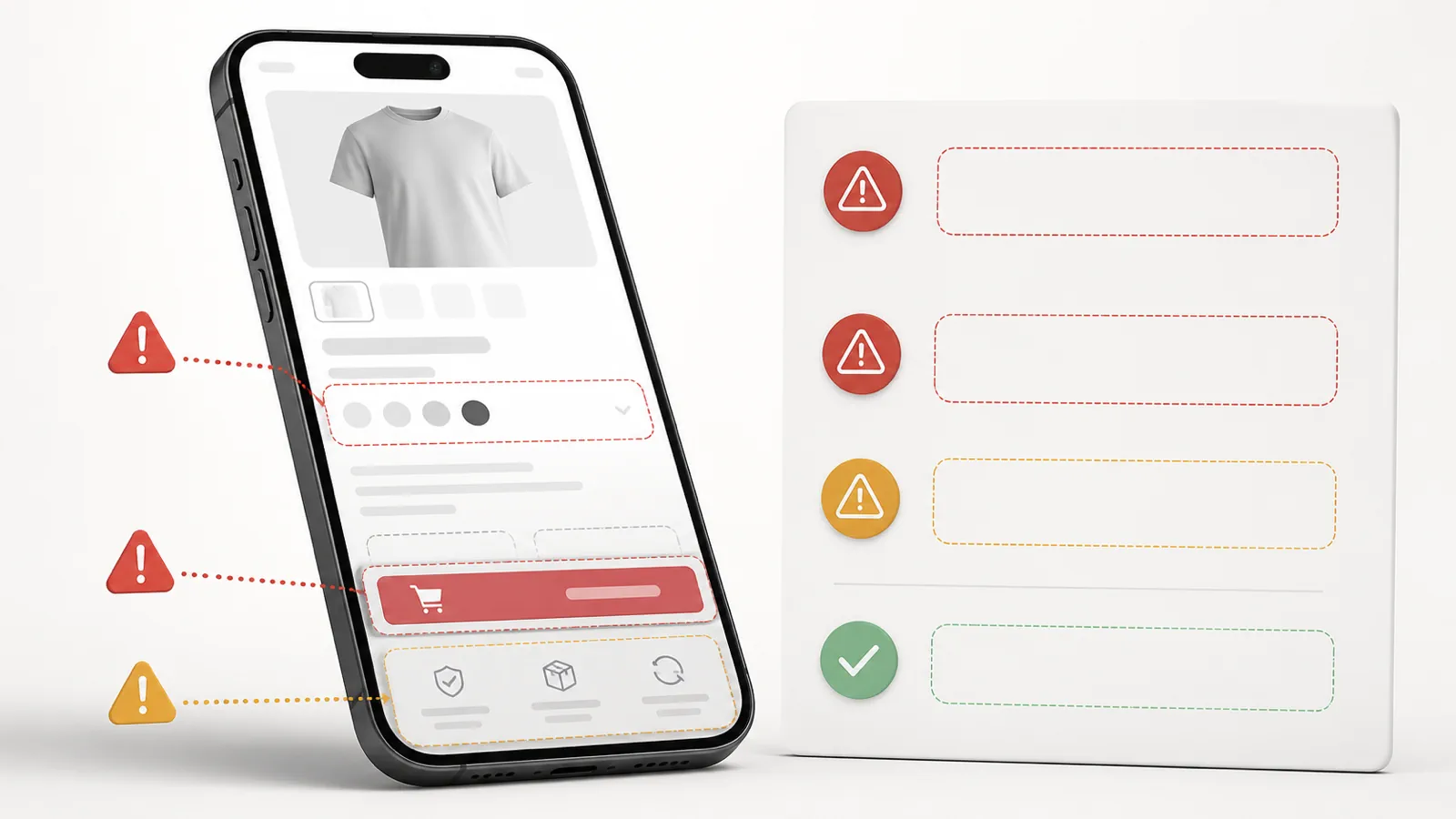 Mobile PDP audit visual highlighting variants sticky CTA and late reassurance failure points