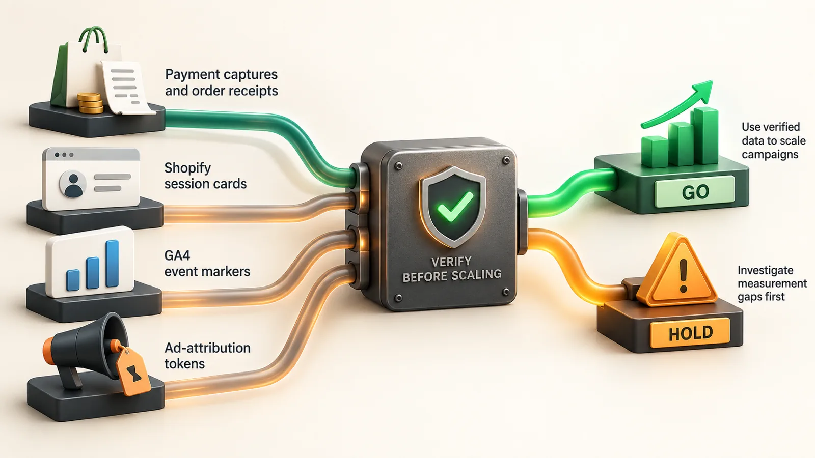 Shopify order, session, GA4, and attribution signals pass through a verification gate before campaign scaling