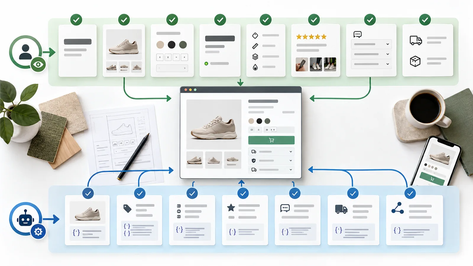 Matrix of visible PDP buying content and machine-readable product facts