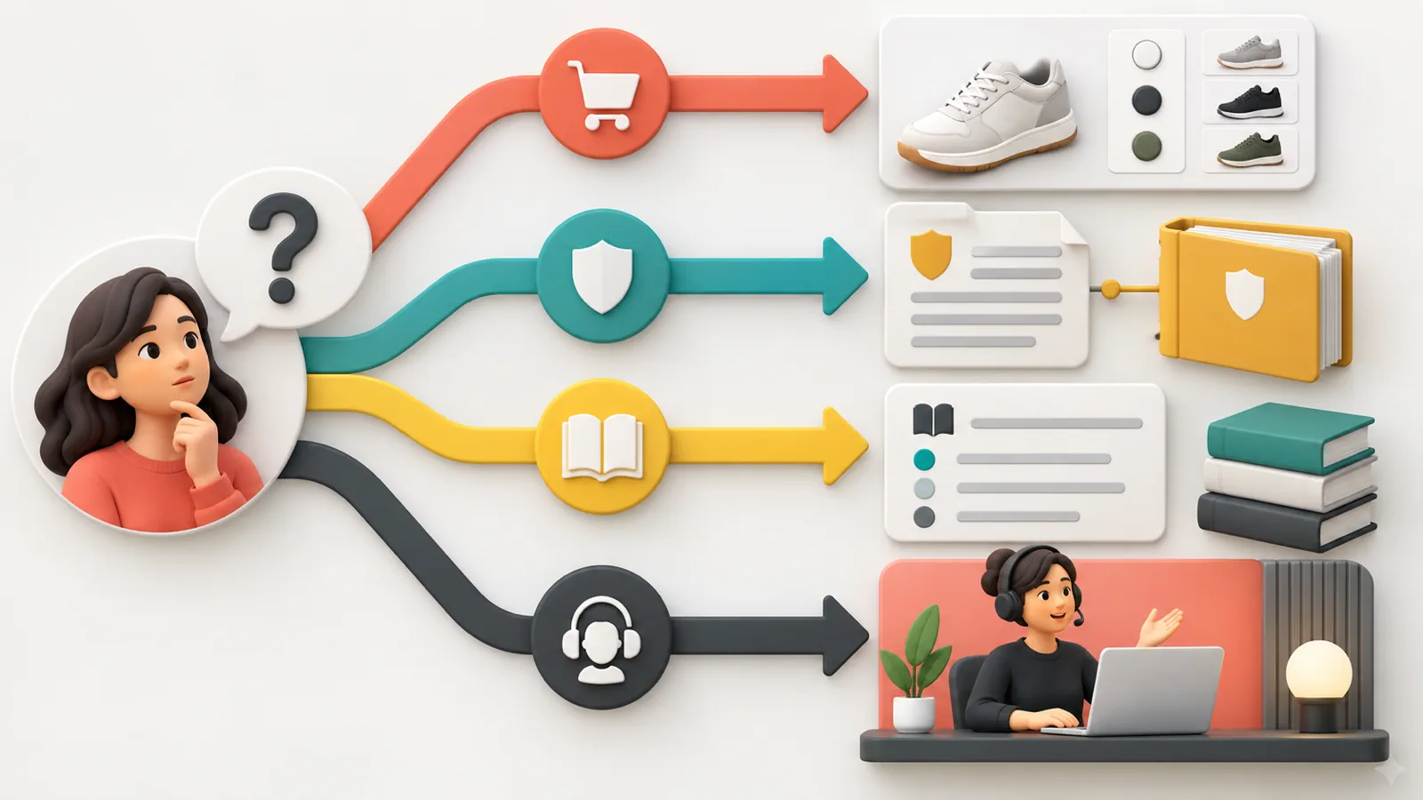 Buyer question routed to product choice, policy, knowledge base, or human support