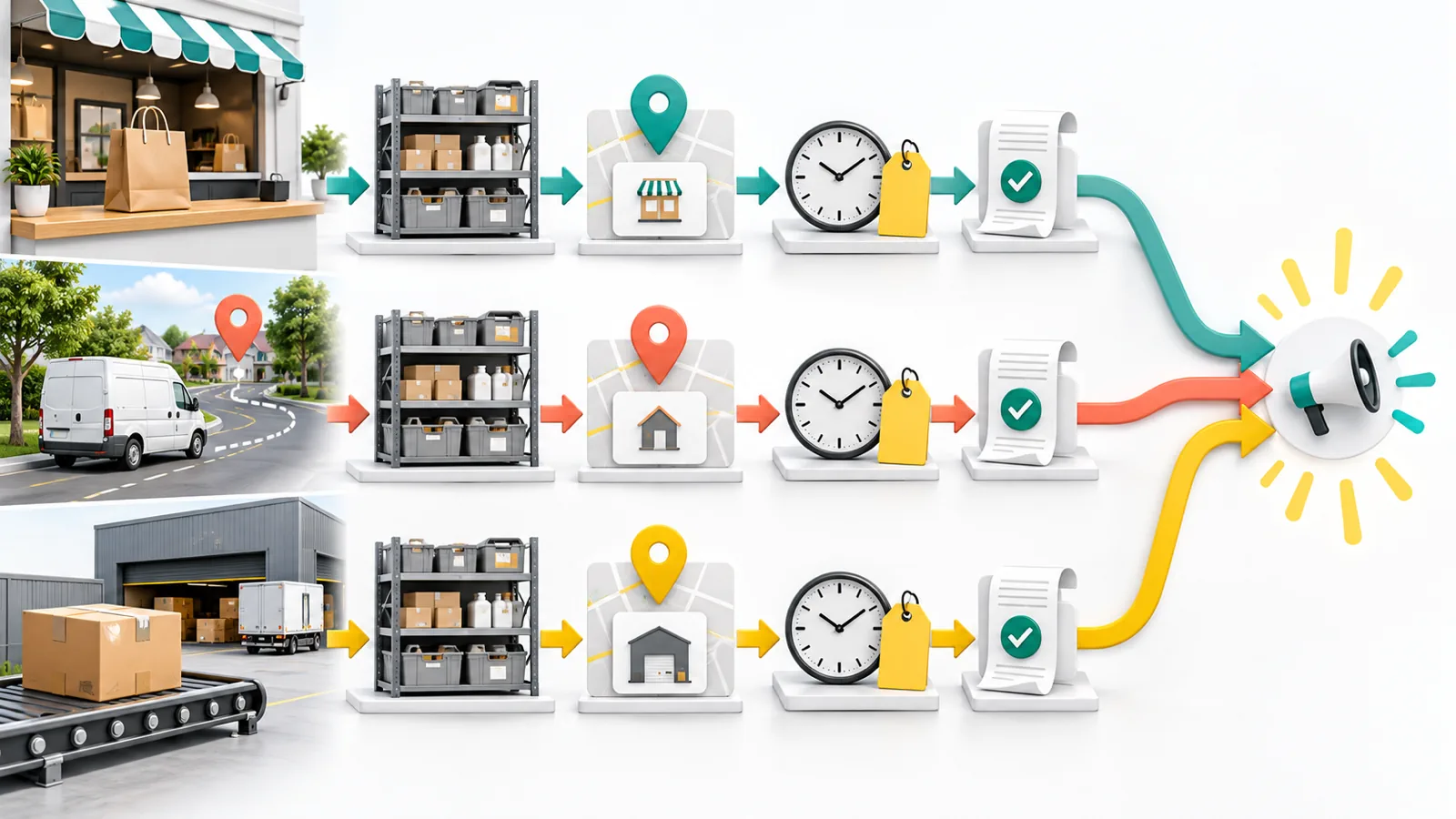 Three fulfillment paths passing inventory, location, timing, and confirmation checks before campaign traffic