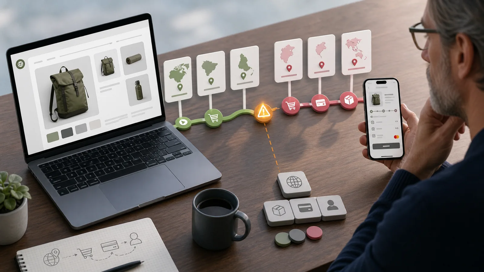 Shopify Markets buyer journey where country and currency context changes before checkout