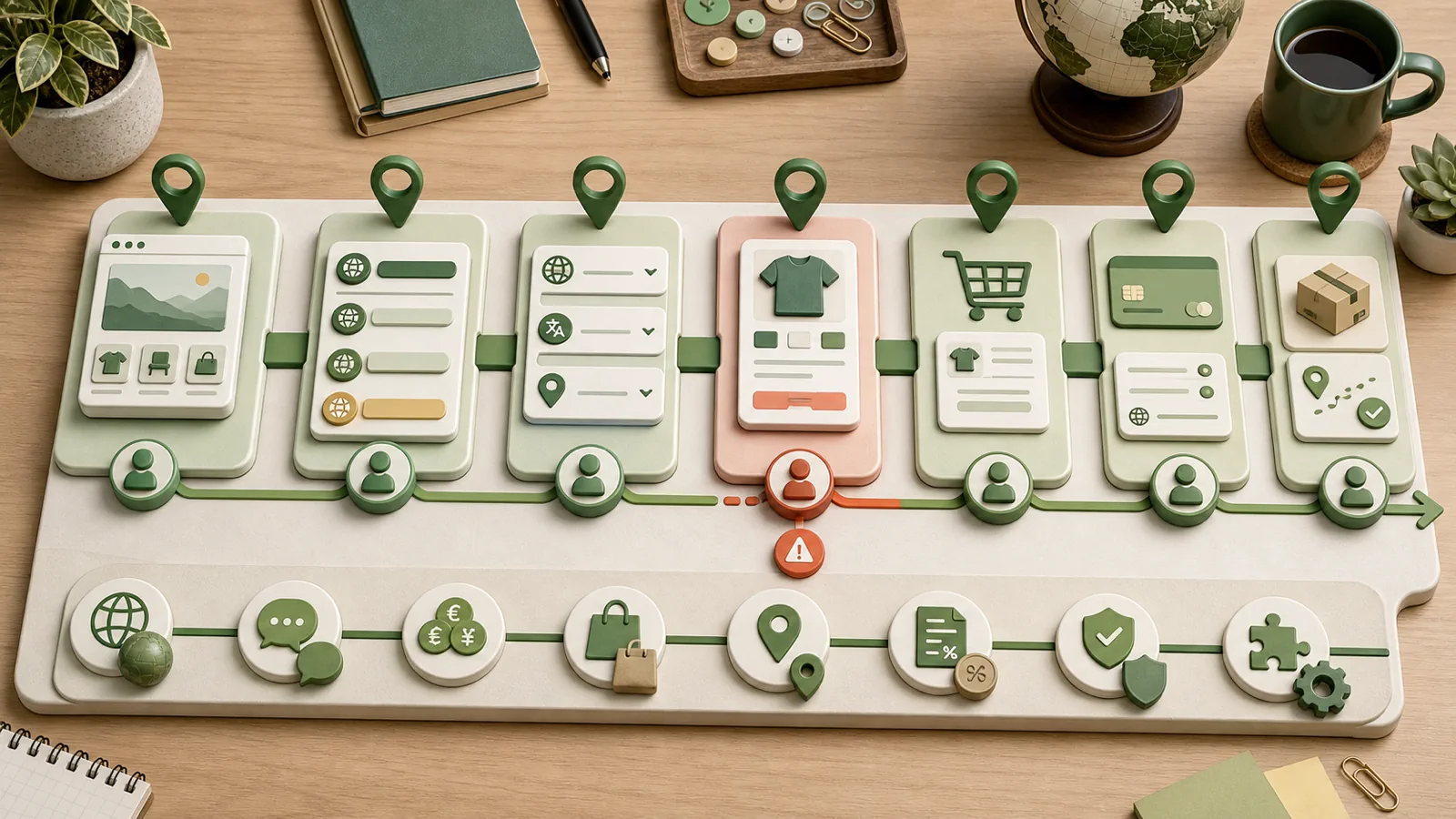 Shopify Markets handoff map showing domain selector product cart checkout and app context