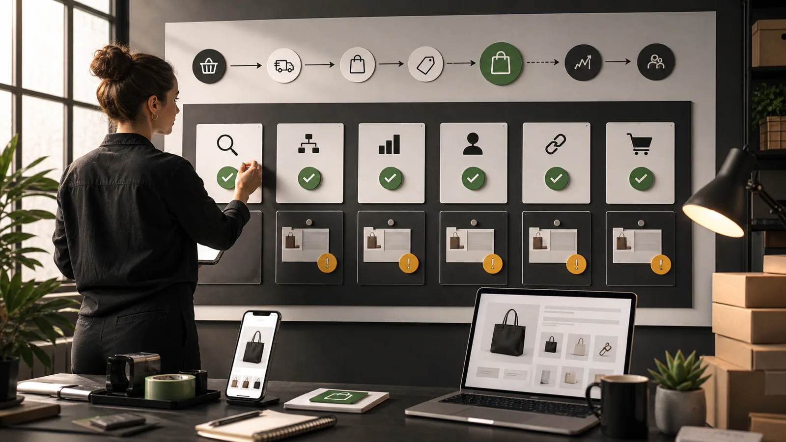 Shopify migration launch QA board checking redirects, checkout, analytics, accounts, and product flow