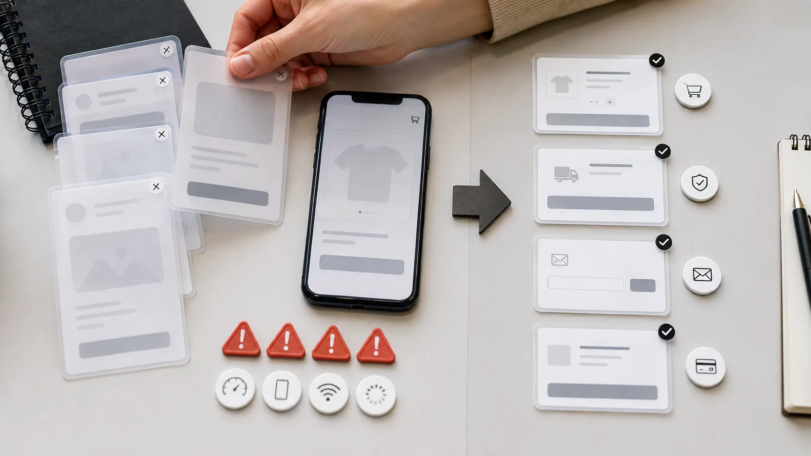 Mobile popup QA board separating overlapping interruptions from useful Shopify buying cues