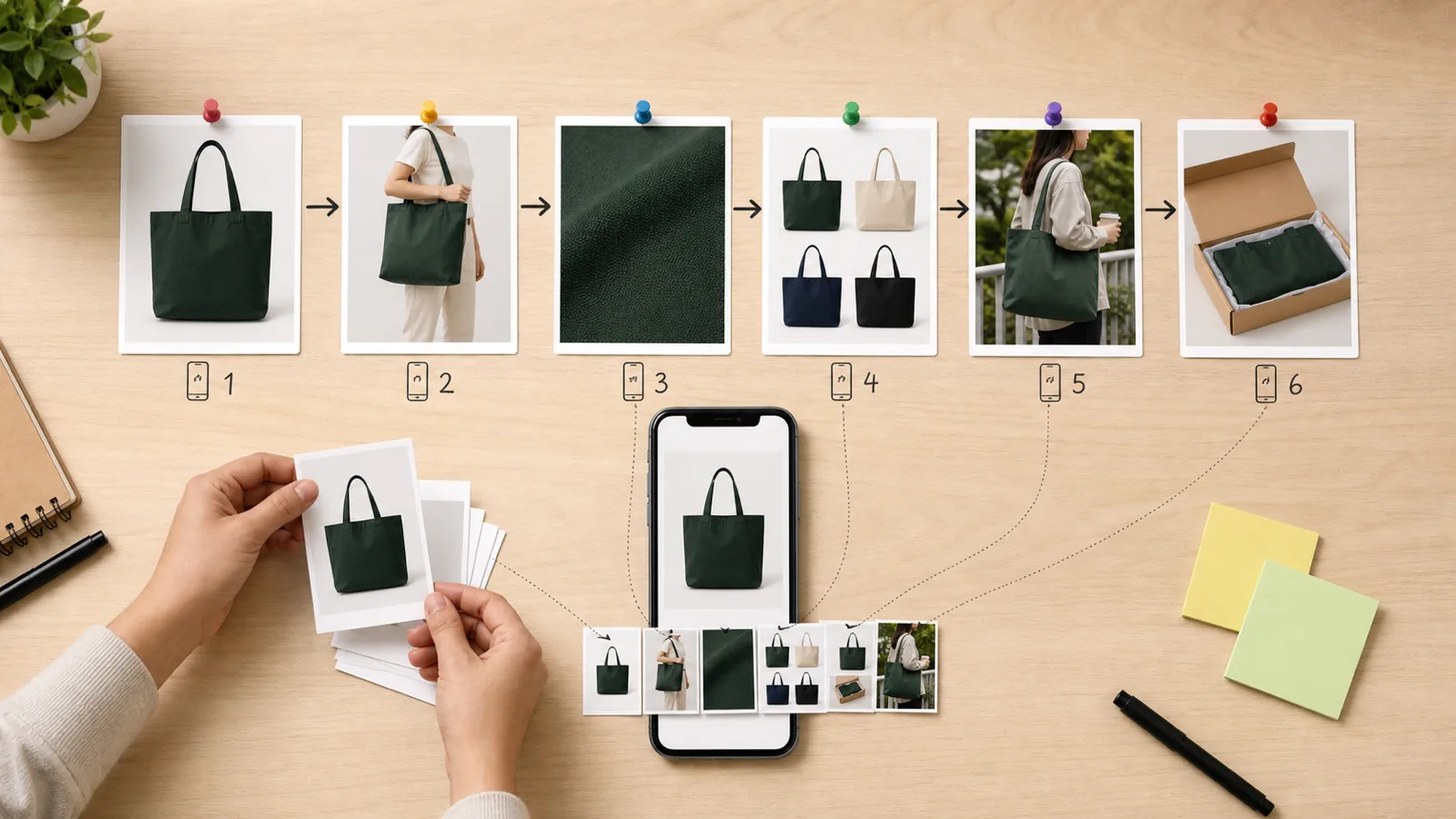 Product media storyboard reordered into a mobile gallery sequence for buying decisions