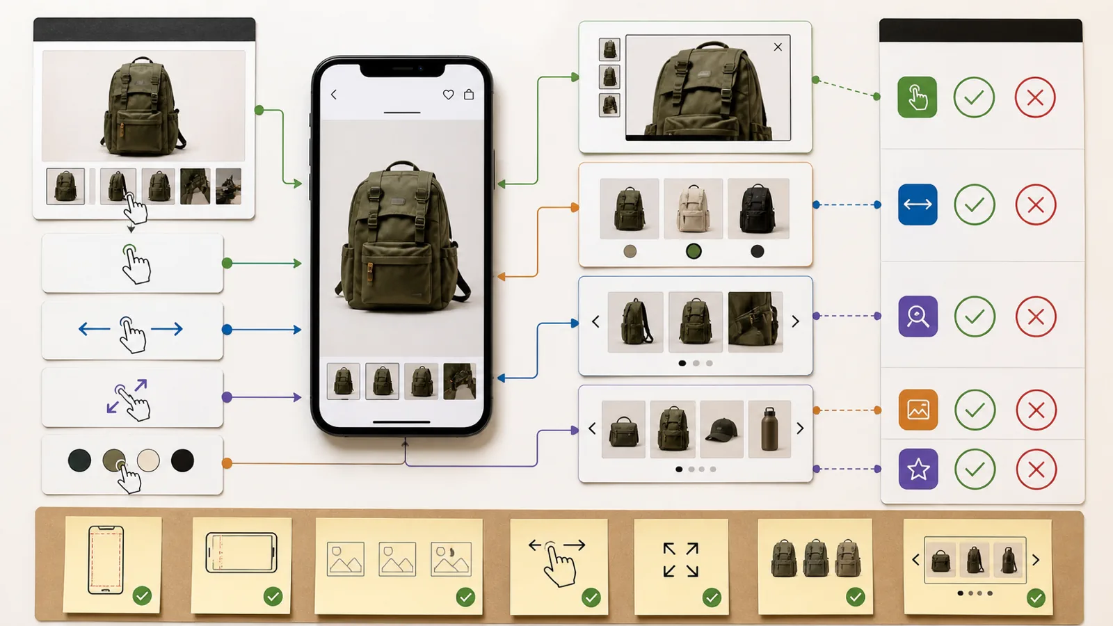 Mobile Shopify media gallery QA map for thumbnails, swipe, zoom, variants, and carousel behavior