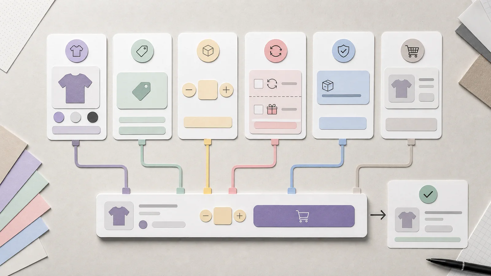 Sticky add-to-cart QA board connecting variant, price, quantity, add-on, availability, and cart result states