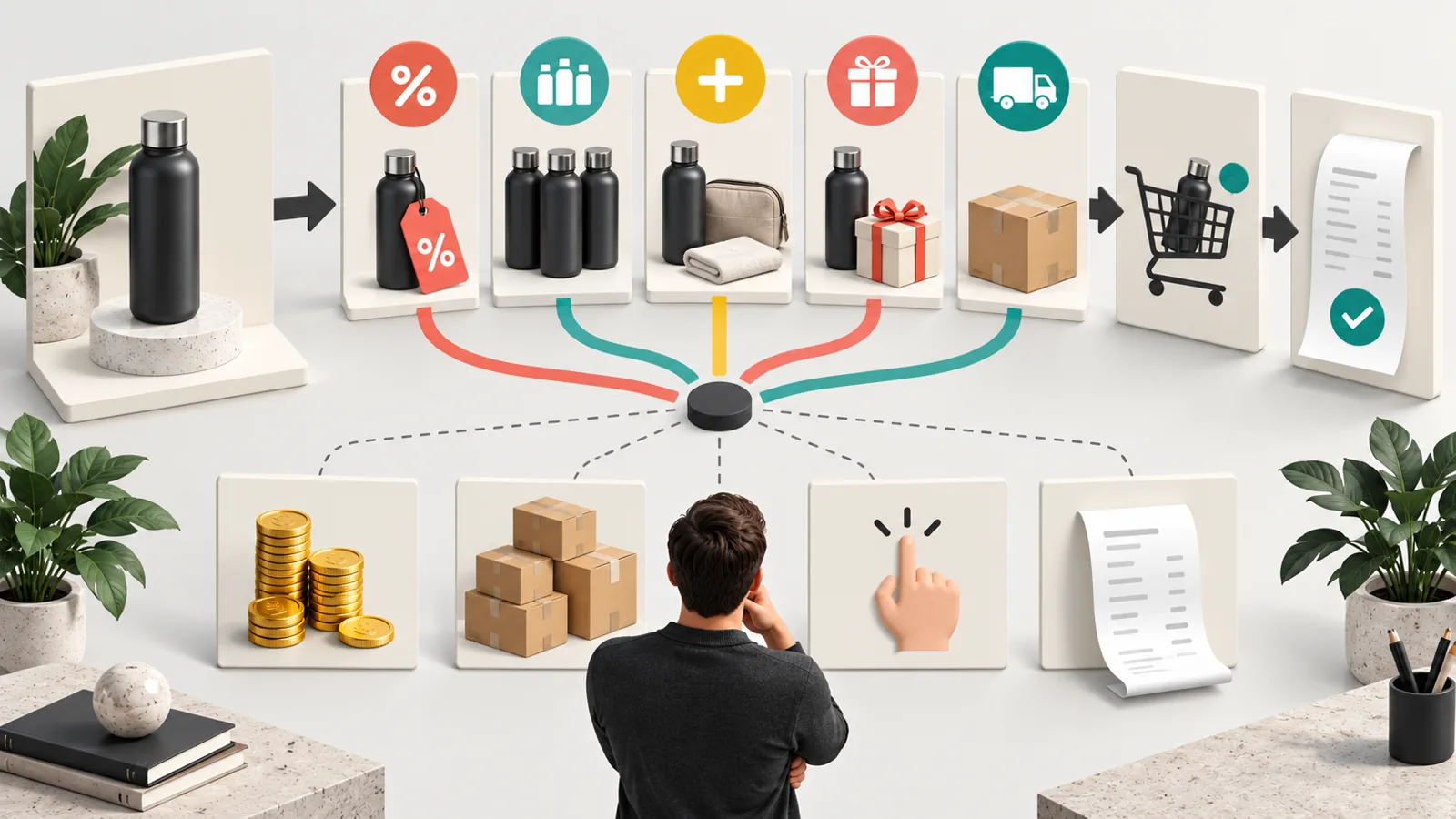 Shopify founder weighing discount, bundle, free gift, and free shipping offers against margin, inventory, buyer clarity, and checkout impact