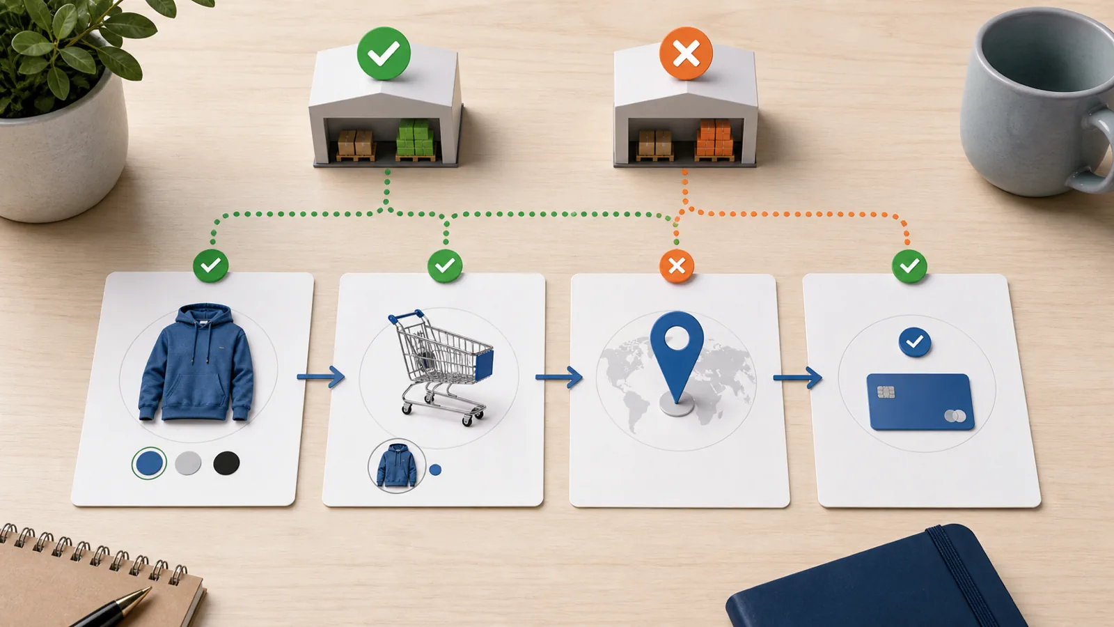 Diagram of a Shopify product variant moving from PDP to checkout through market and warehouse checks