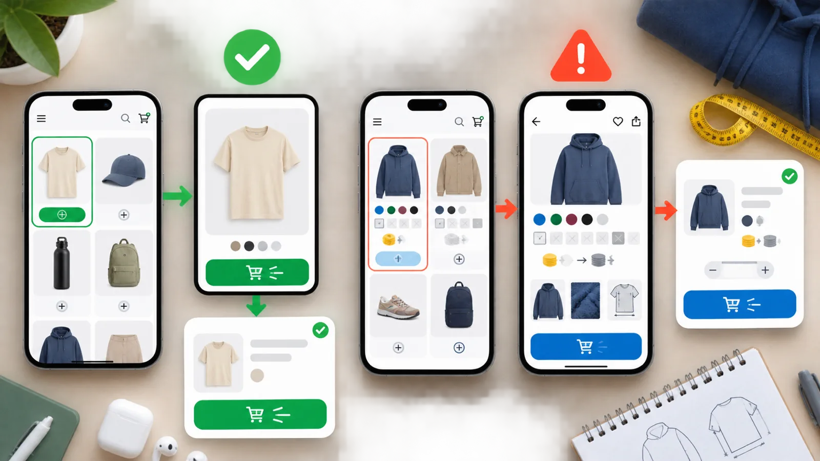 Mobile Shopify product-card flows comparing quick add with variant detail handoff
