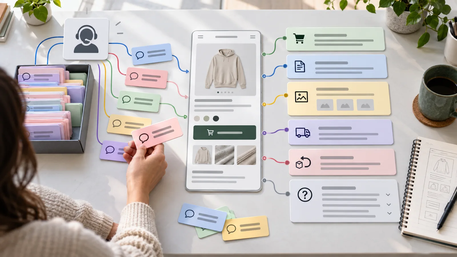 Support question cards sorted into product page sections before the FAQ