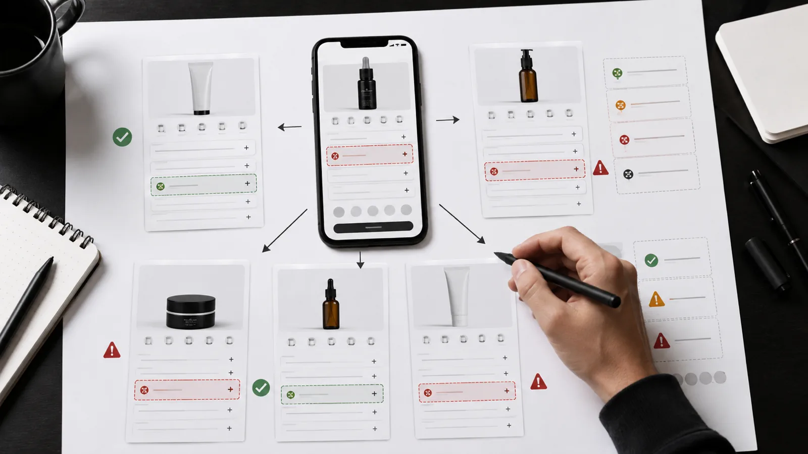 Shopify PDP QA board checking one custom block across multiple product templates