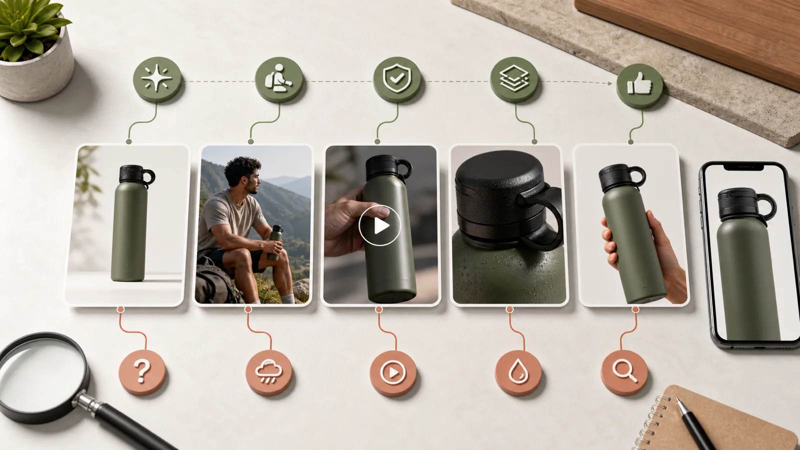 Shopify PDP gallery sequence showing product image video detail scale and mobile crop checks