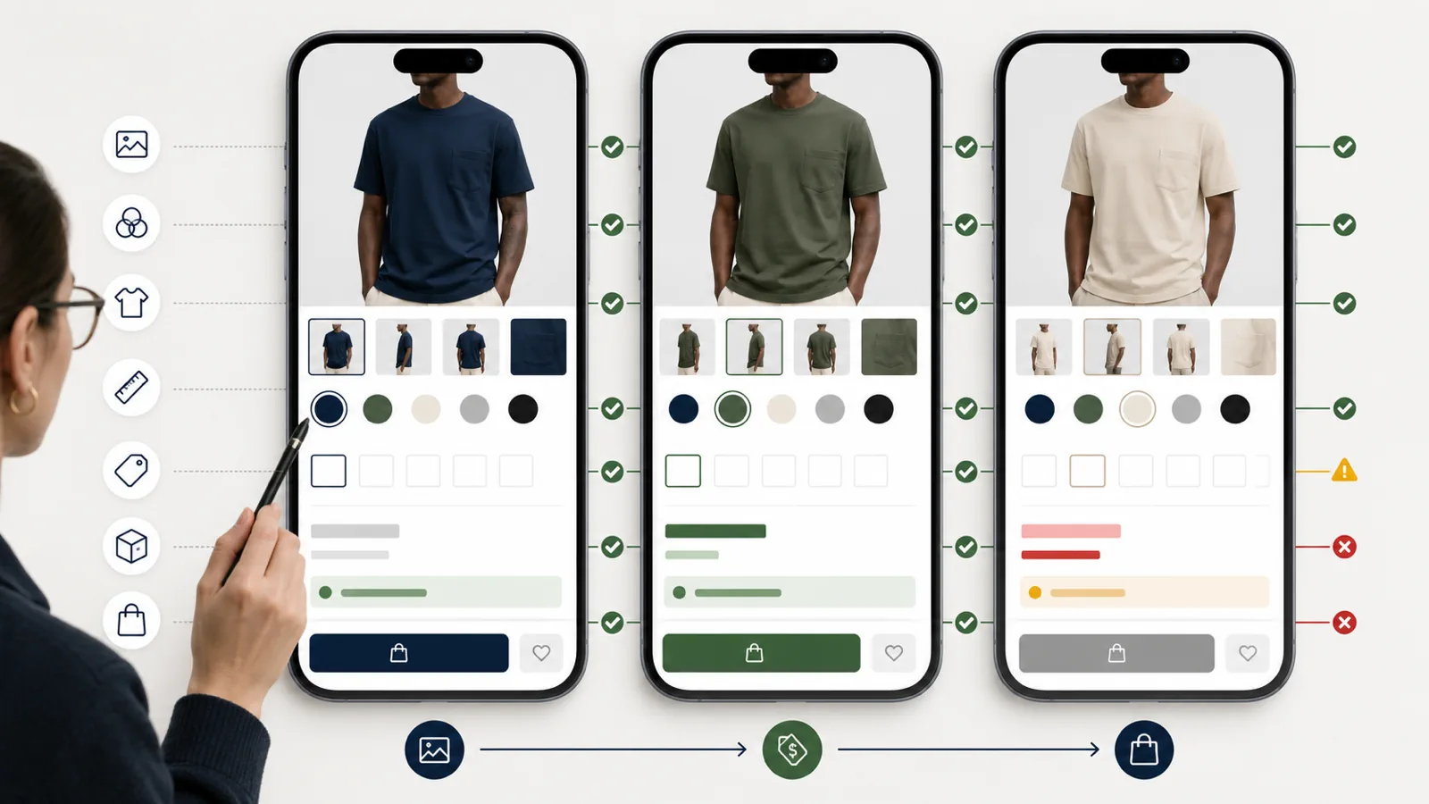 Mobile Shopify product page QA sequence checking that selected variants update images, price, availability, and add to cart state