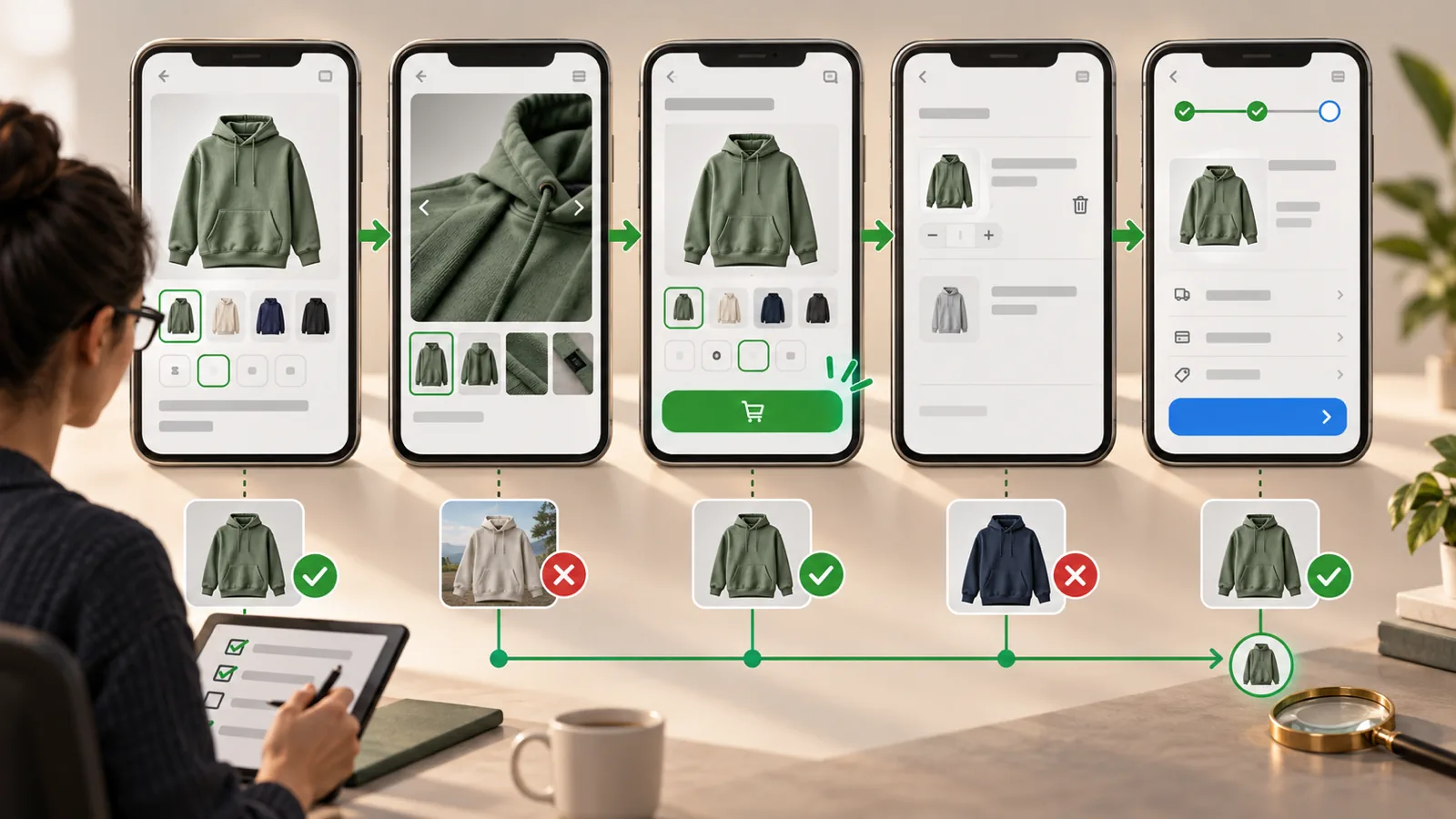 Variant selection QA path from PDP gallery to cart and checkout review
