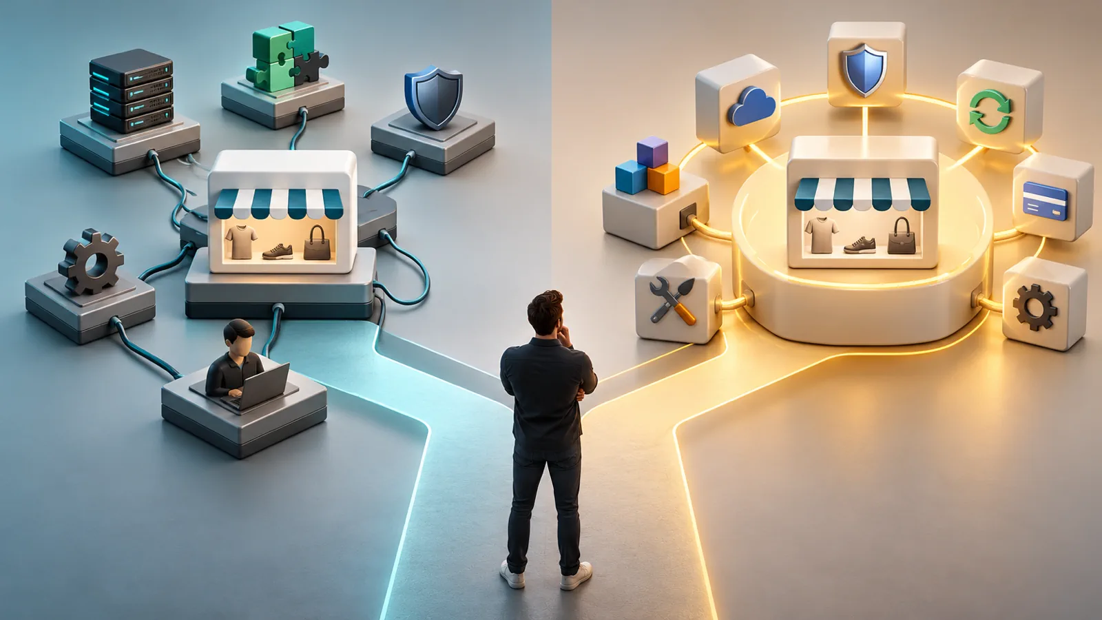 Established store owner comparing modular self-managed and consolidated managed ecommerce operating models