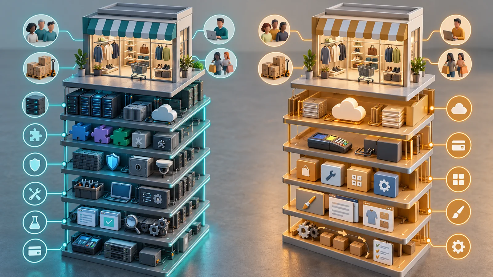 Two ecommerce storefronts revealing different infrastructure maintenance app and operations cost layers