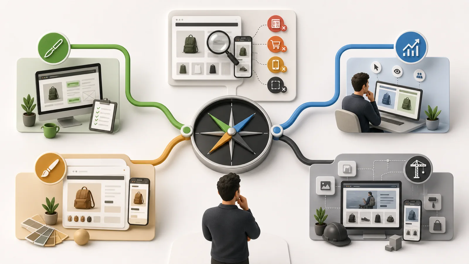 Diagnostic compass routing Shopify store findings to Store Autopsy, CRO, product page redesign, or rebuild