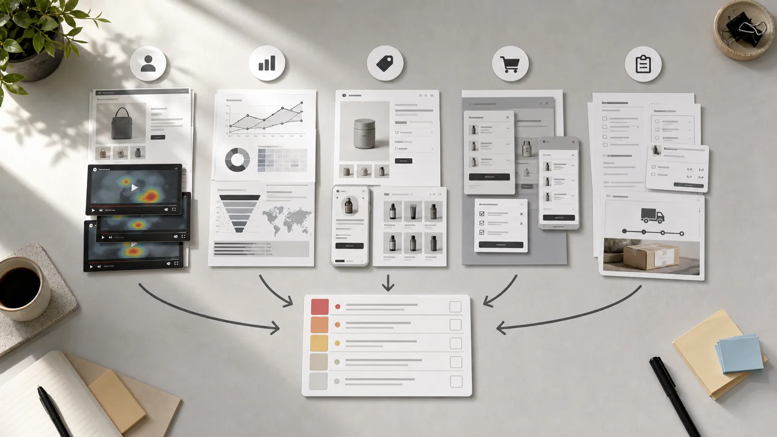 Shopify audit evidence board sorting behavior, analytics, PDP, cart, and test-order findings before fixes