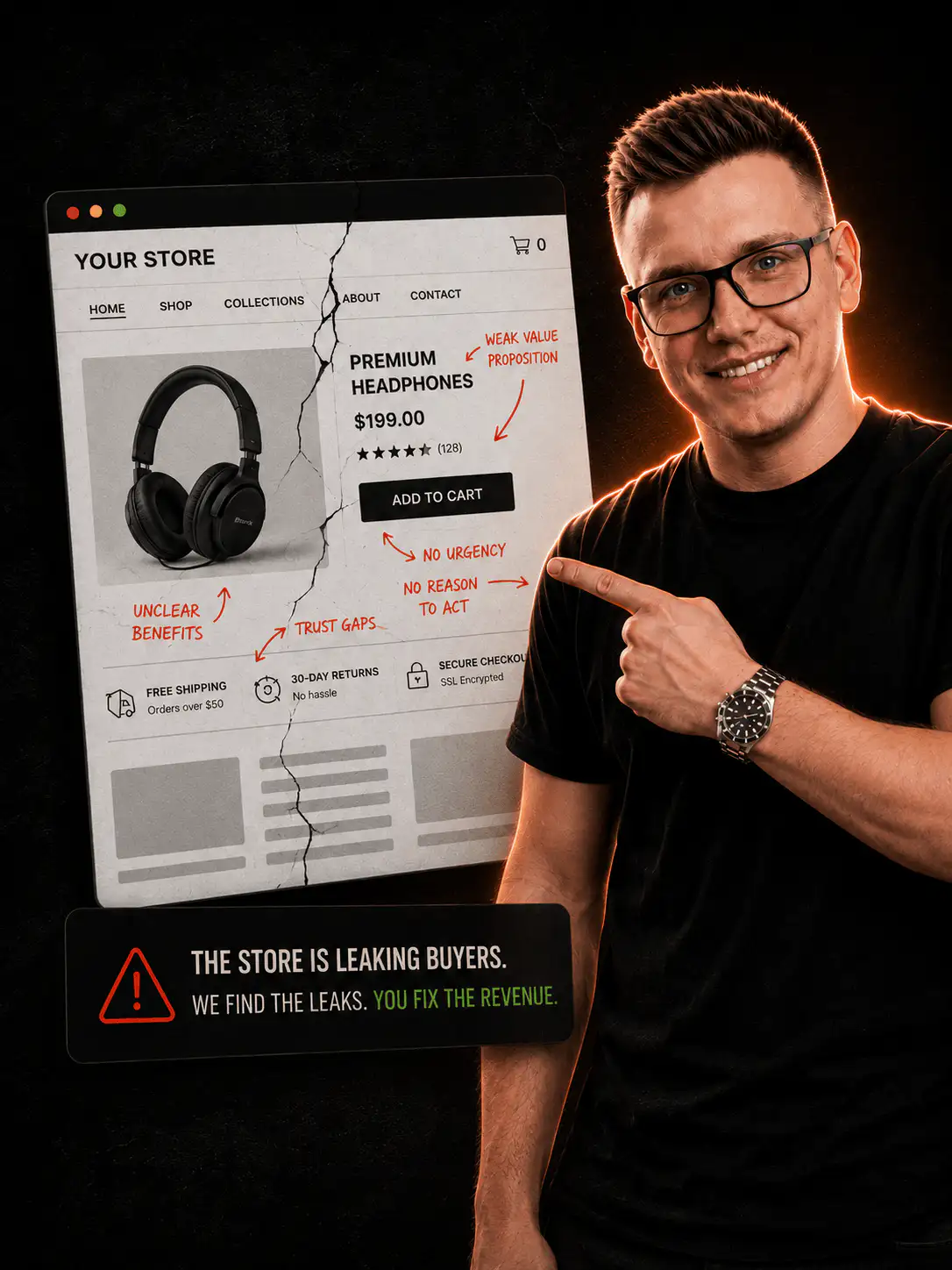 Dmytro Korobkin showing ecommerce store conversion leaks
