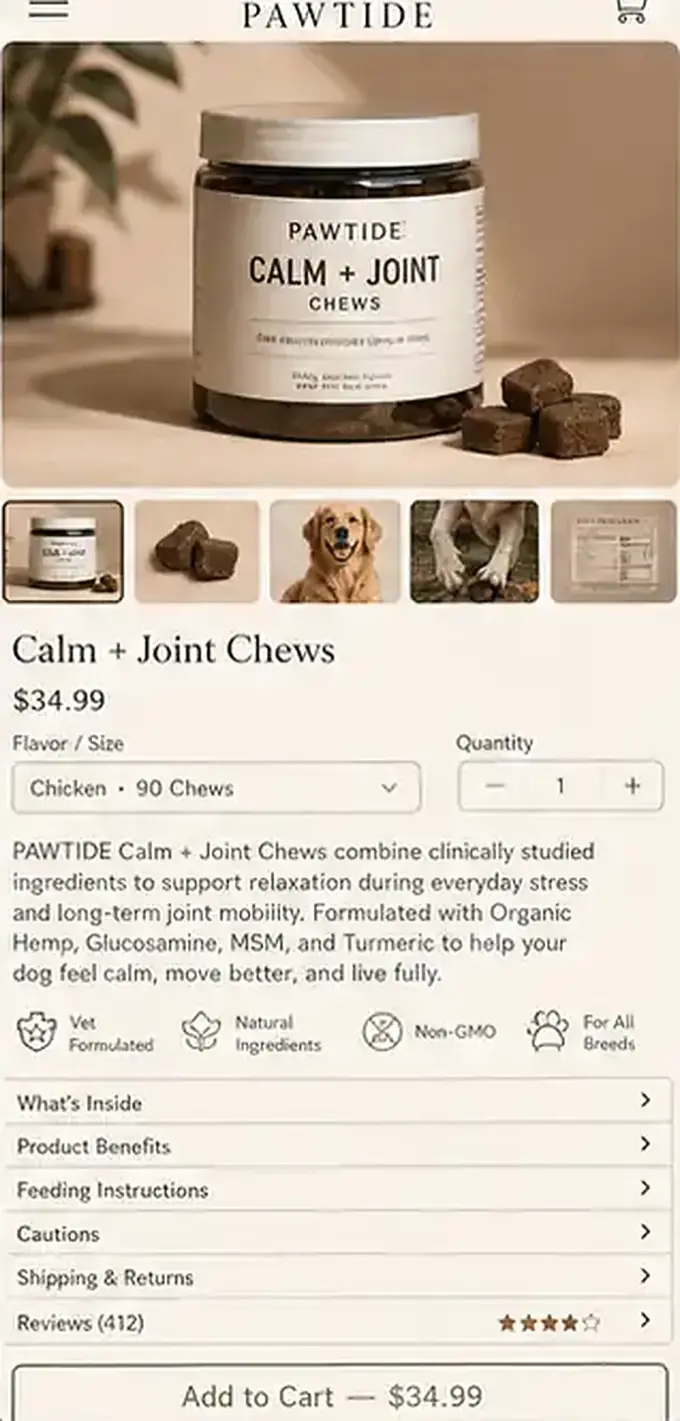 Example product page before the rebuild