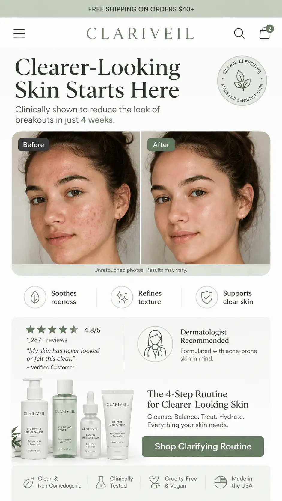 Before and after ecommerce proof section for a skincare product