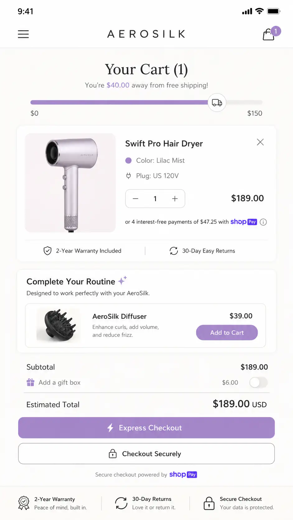Aerosilk Hair Dryer Cart Page