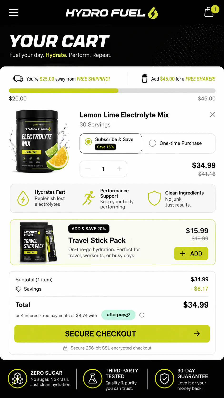 Compact Shopify cart example showing saved product context and checkout action