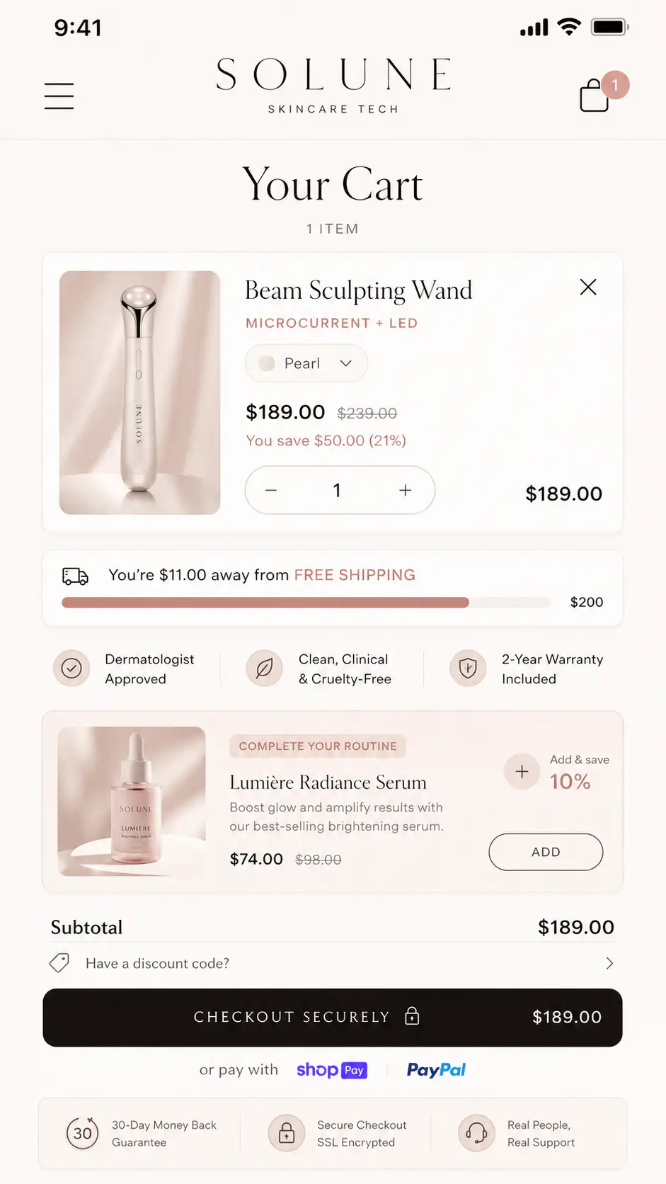 Skincare device cart page example with clearer product, cost, and trust context