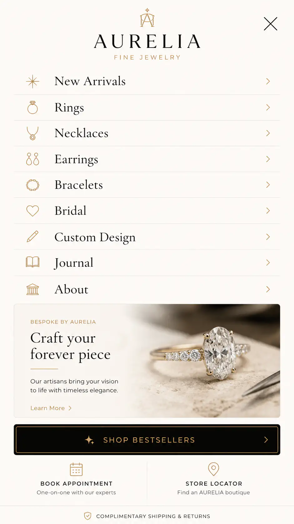 Aurelia Jewelry Mobile Menu