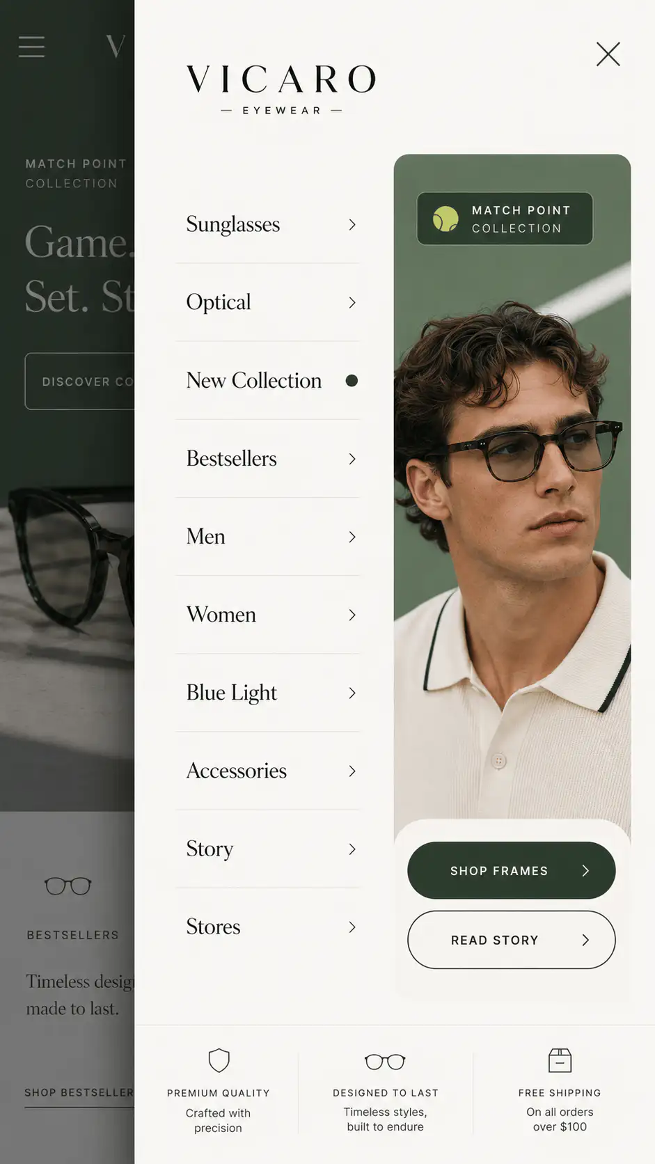 Vicaro Eyewear Mobile Menu