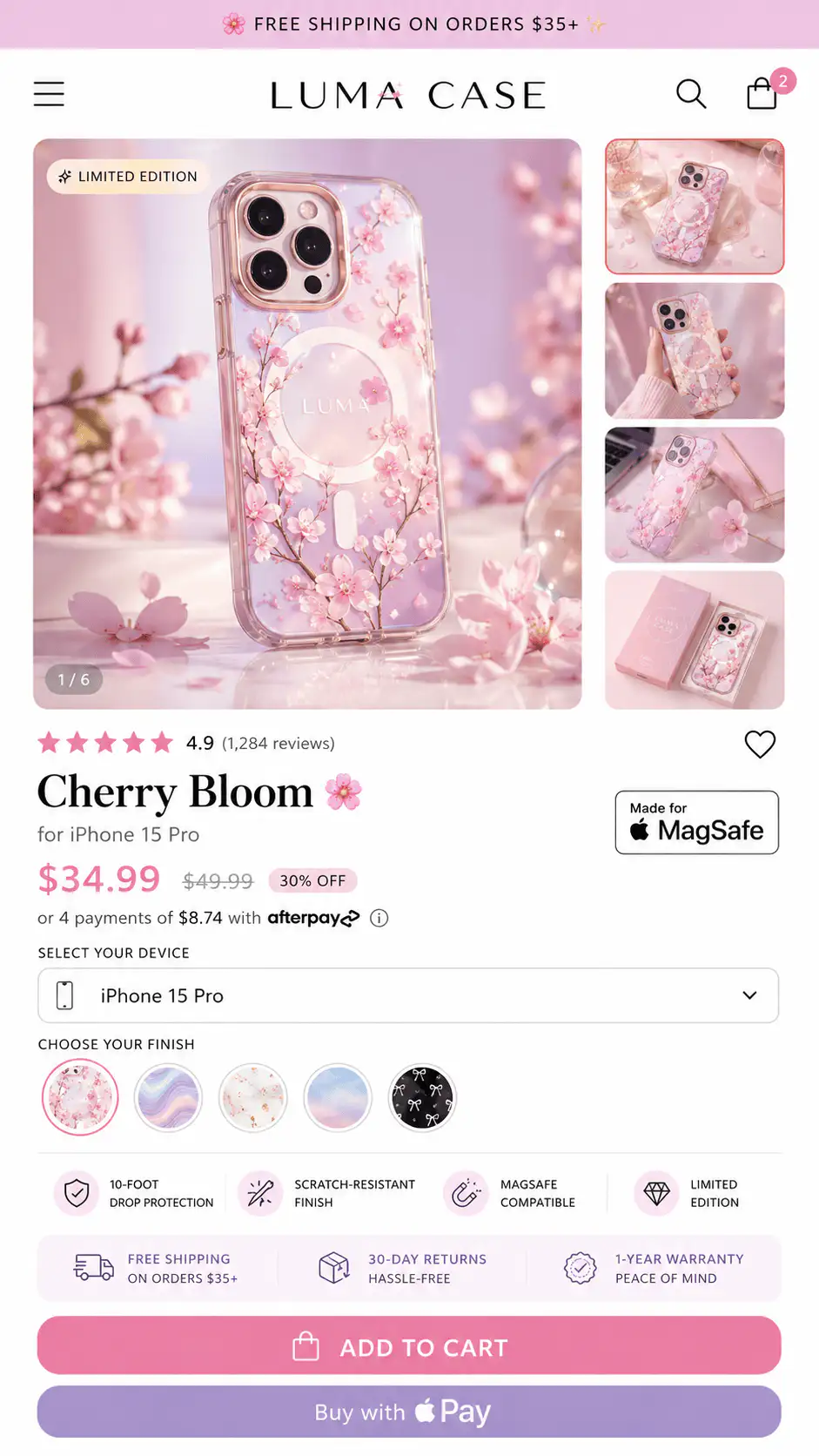 Shopify product page example with visual details that can be paired with objection-led copy