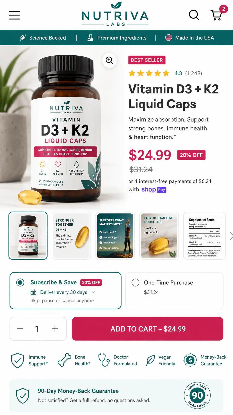 Shopify product page example where quantity, offer, subscription, and proof need clear buying hierarchy