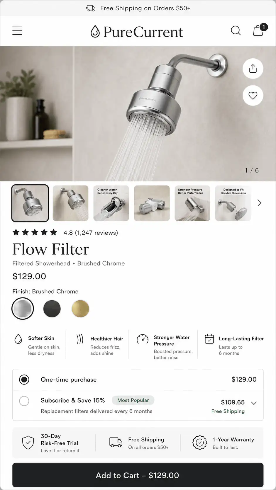 Shopify product page example with product media, variant choice, proof, and buying controls